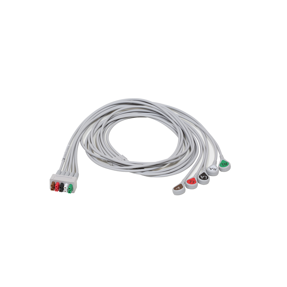 Set de derivaciones ECG, 5 derivaciones, a presión, AHA, 130 cm/51 pulg Set de derivaciones ECG, 5 derivaciones, a presión, AHA, 130 cm/51 pulg
