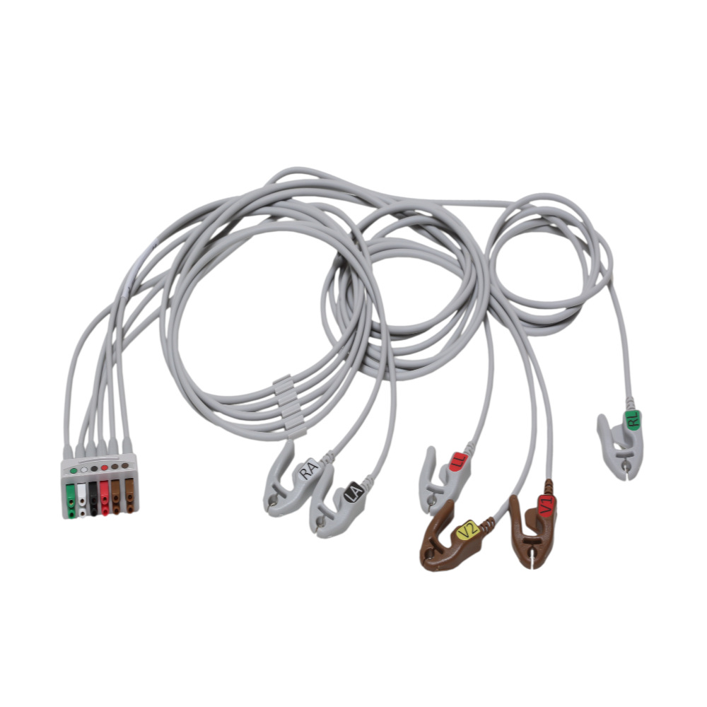 Conjunto de derivaciones para ECG, 6 Vías, Agrupados, encajar, AHA, Mezcla 74cm/29 pulg., 130cm/51 pulg. Conjunto de derivaciones para ECG, 6 Vías, Agrupados, encajar, AHA, Mezcla 74cm/29 pulg., 130cm/51 pulg.